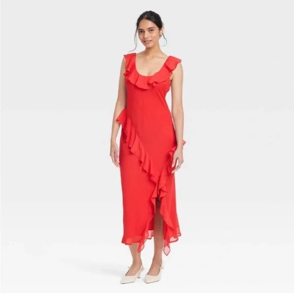 red asymmetrical ruffle dress Corvina Fitted Bodice Waterfall Tiered Midaxi Dress – Disturbia